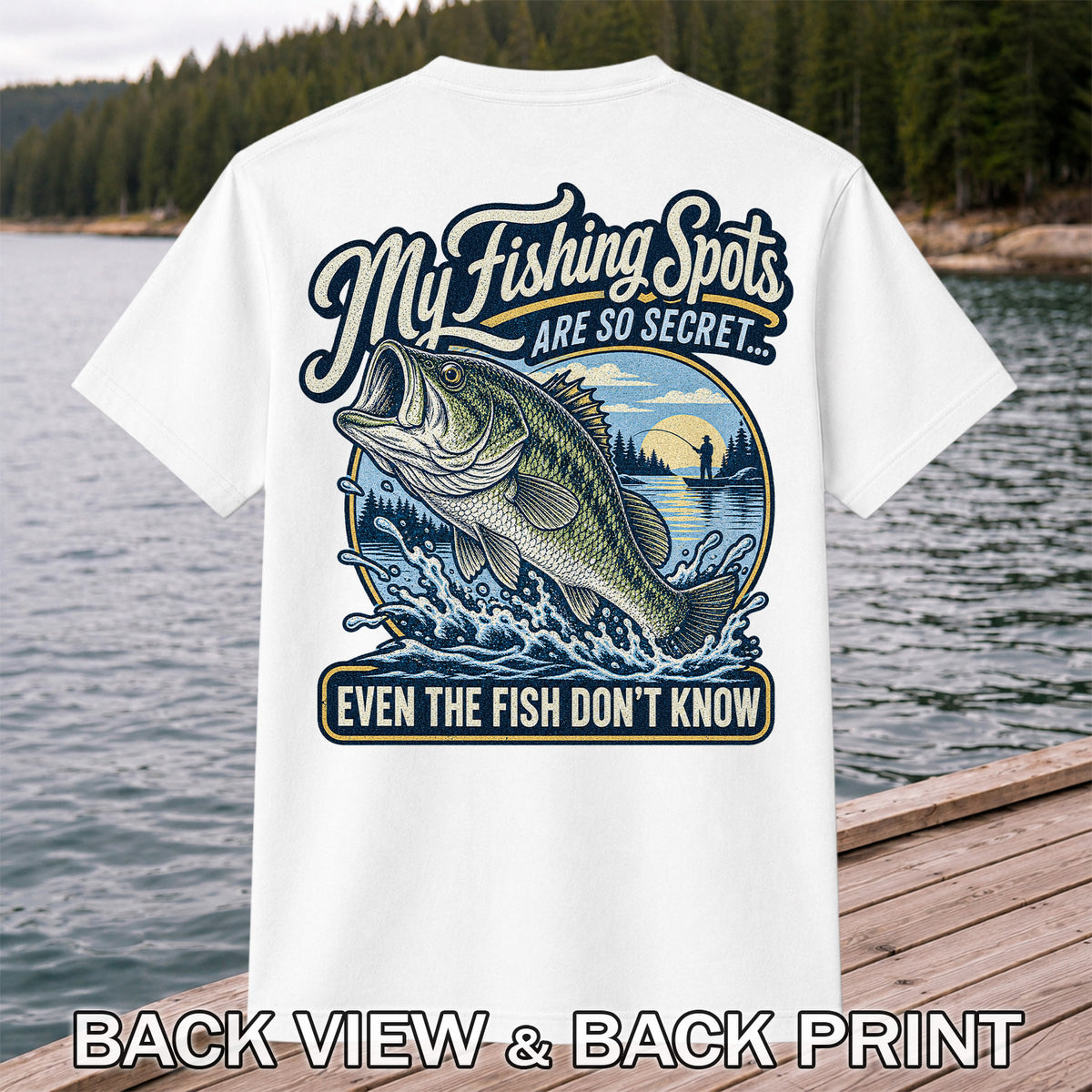 Secret Fishing Spots Largemouth Bass Graphic T-Shirt | Back Print