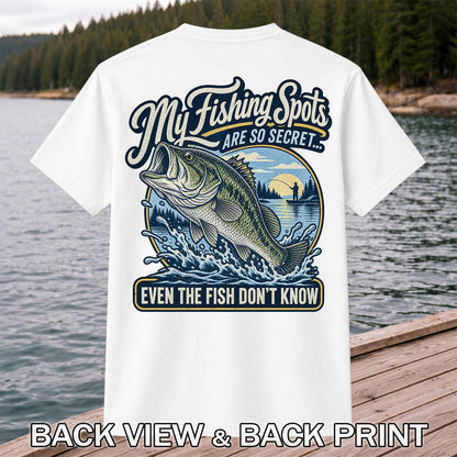 Secret Fishing Spots Largemouth Bass Graphic T-Shirt | Back Print
