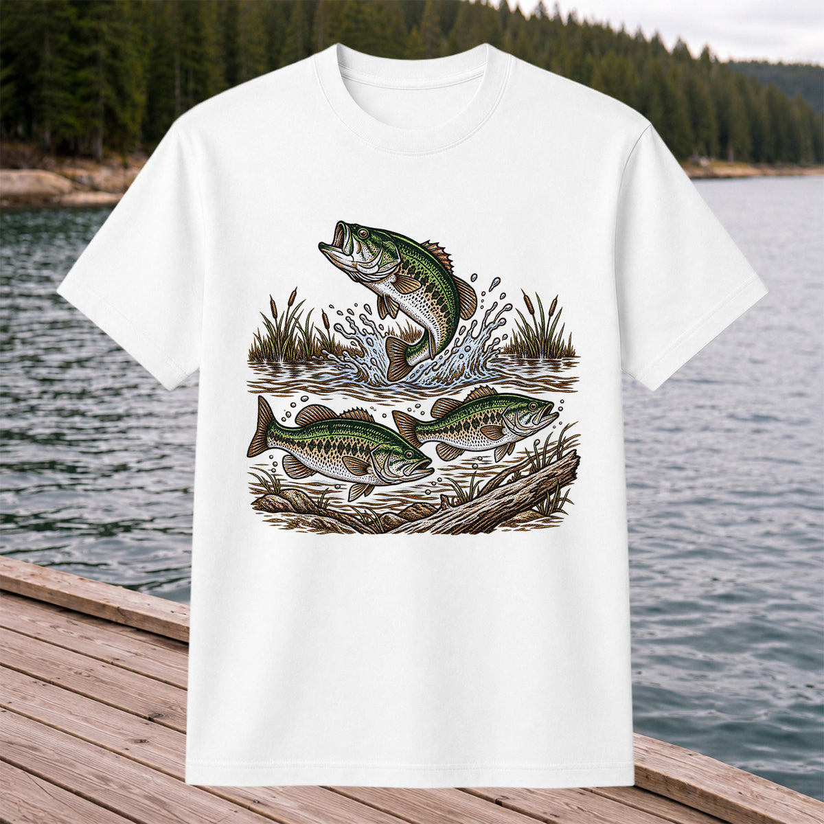 Largemouth Bass Jumping River Fishing Graphic T-Shirt