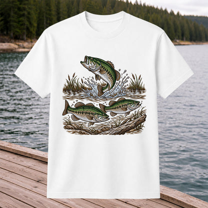 Largemouth Bass Jumping River Fishing Graphic T-Shirt