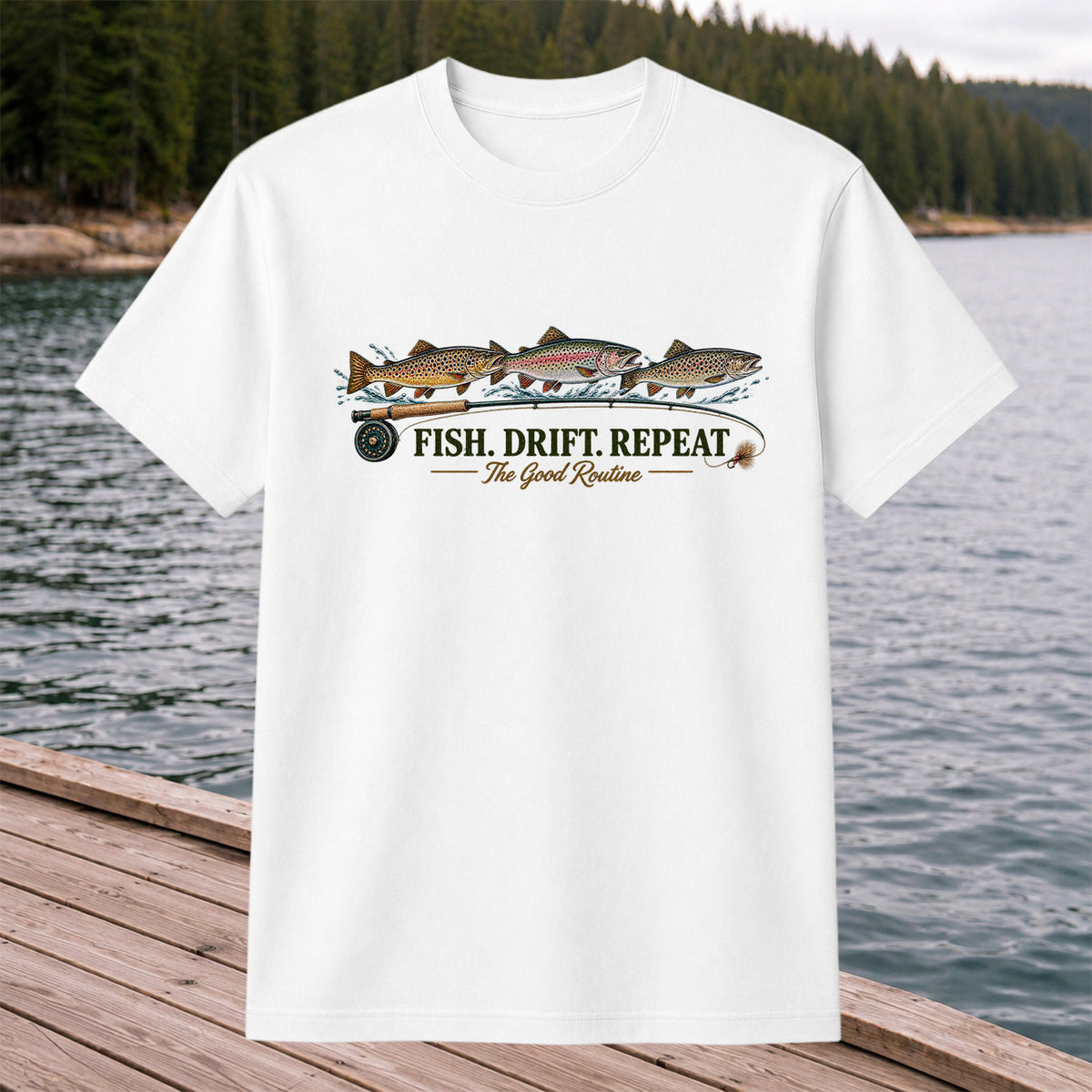 Fish. Drift. Repeat. The Good Routine Trout Fly Fishing T-Shirt