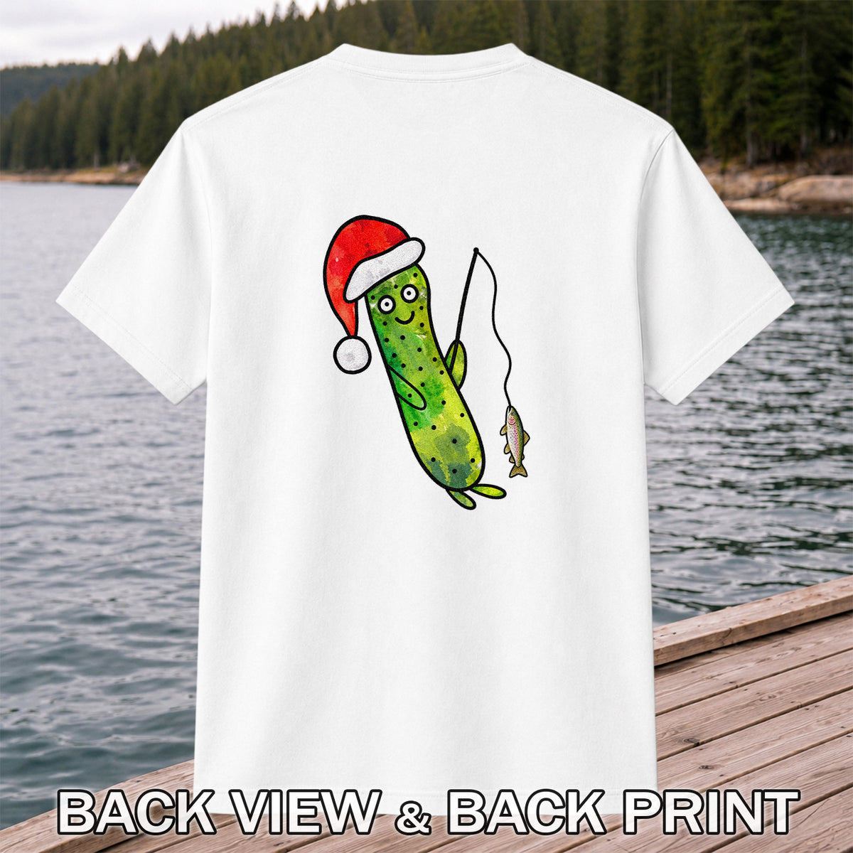 Santa Hat Cucumber Fishing for Trout Graphic T-Shirt | Back Print