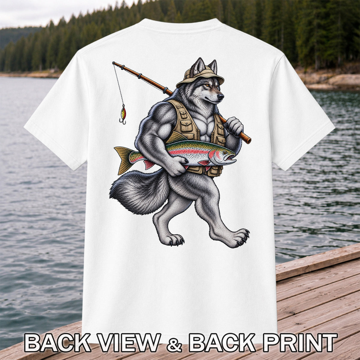 Wolf Angler Holding Rainbow Trout Fishing Graphic T-Shirt | Back Print