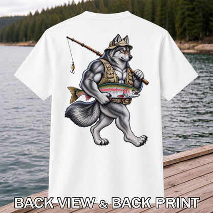 Wolf Angler Holding Rainbow Trout Fishing Graphic T-Shirt | Back Print