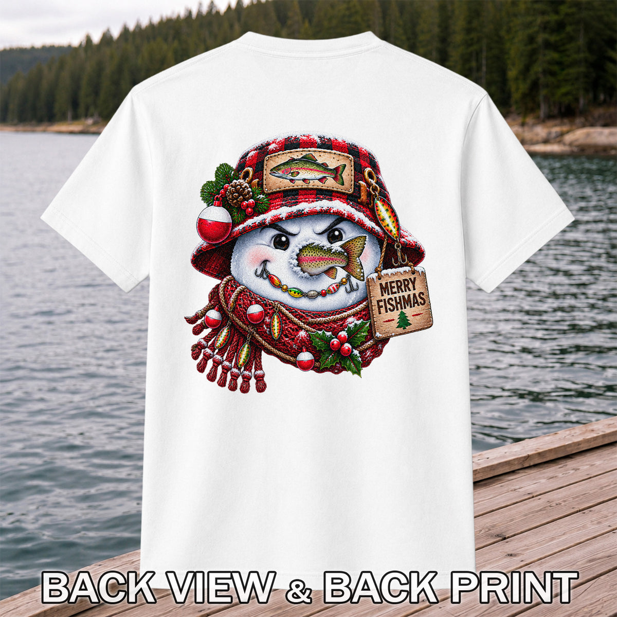 Merry Fishmas Snowman with Rainbow Trout Christmas Fishing T-Shirt | Back Print