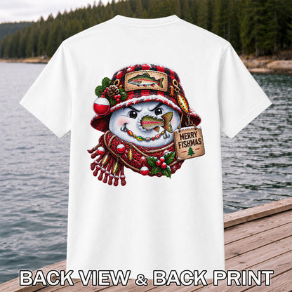 Merry Fishmas Snowman with Rainbow Trout Christmas Fishing T-Shirt | Back Print