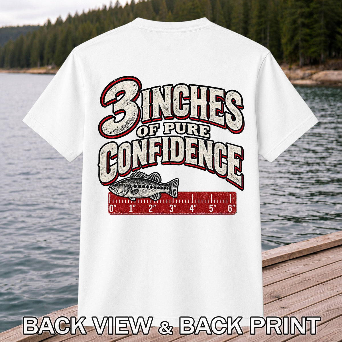 3 Inches of Pure Confidence Bass and Ruler Funny Fishing T-Shirt | Back Print
