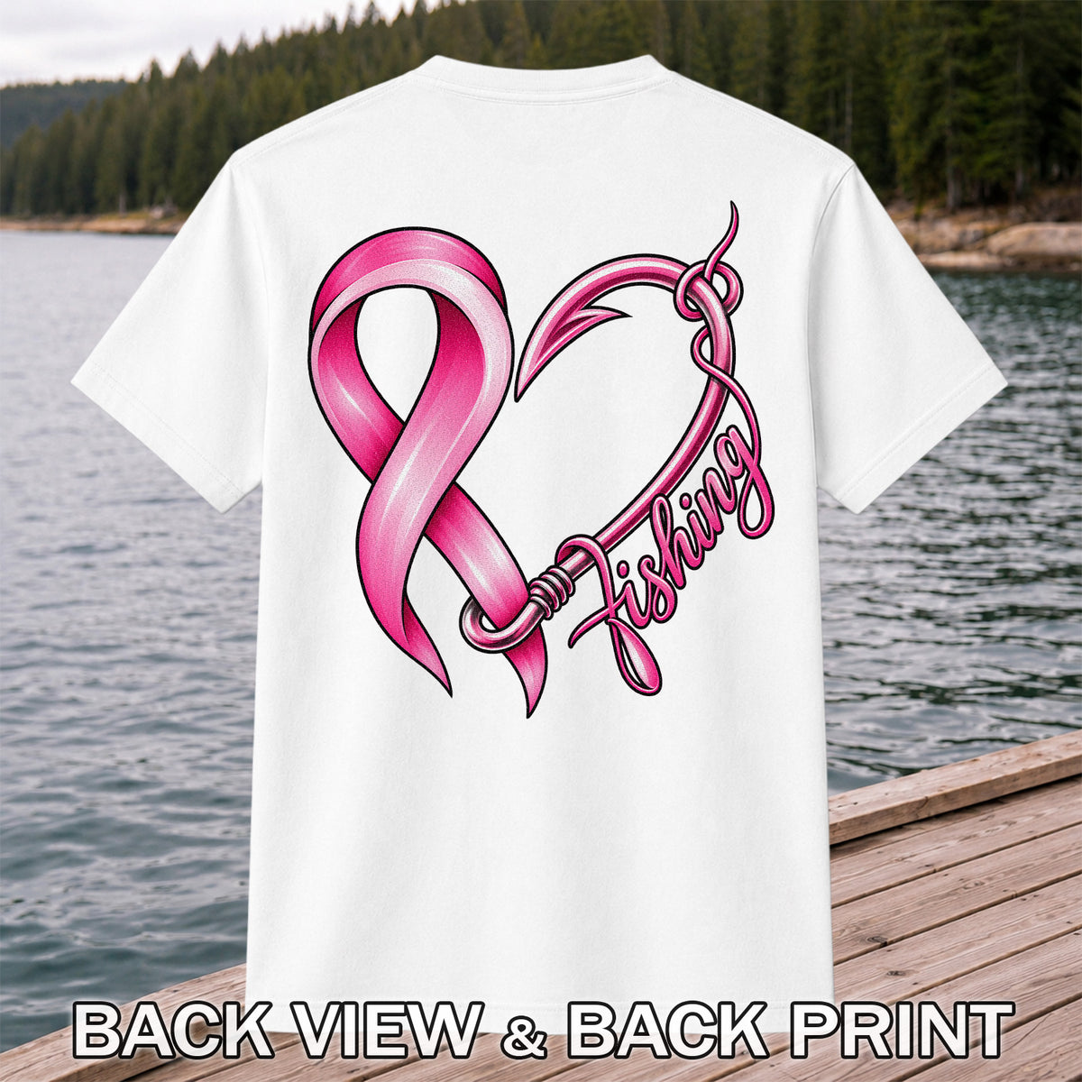 Pink Ribbon Heart Fish Hook Fishing Graphic T-Shirt | Back Print
