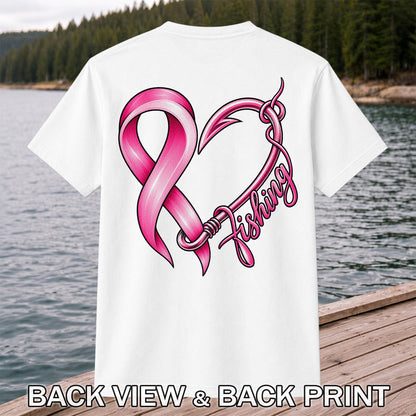 Pink Ribbon Heart Fish Hook Fishing Graphic T-Shirt | Back Print