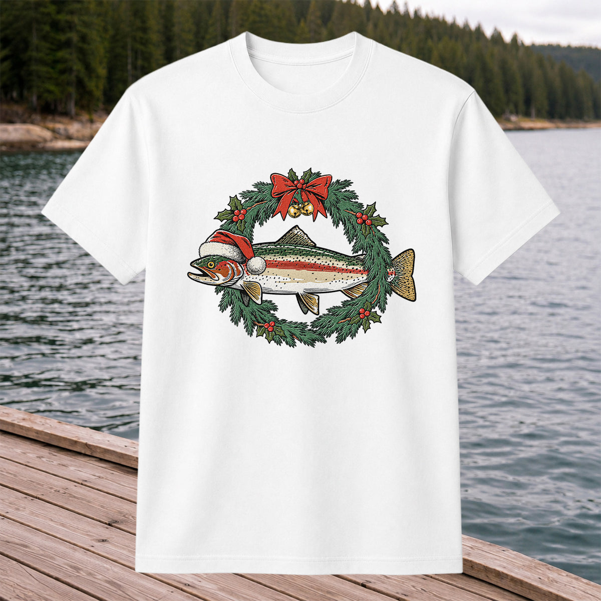 Christmas Trout Wreath Fishing Graphic T-Shirt