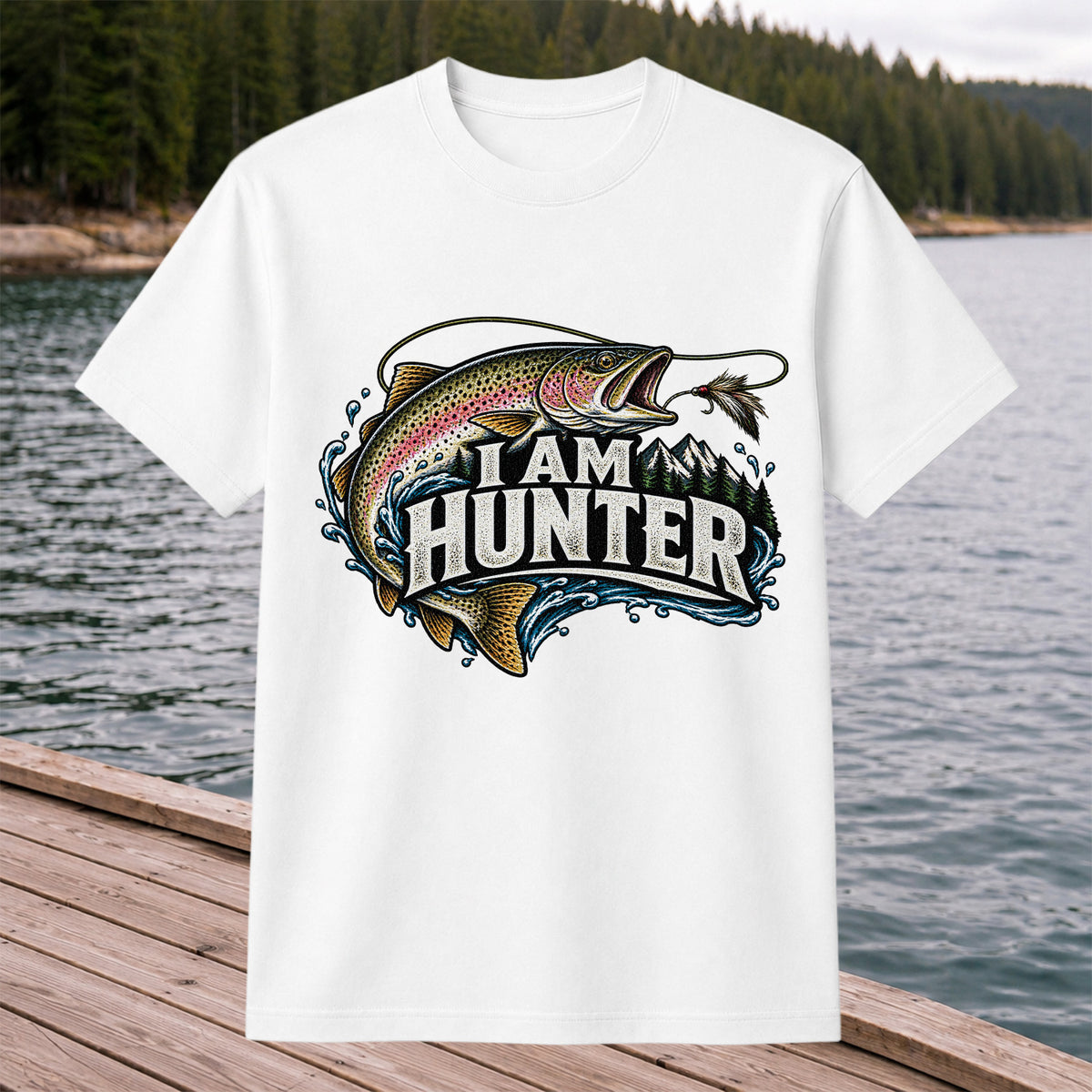 I Am Hunter Rainbow Trout Fly Fishing Mountain Graphic T-Shirt
