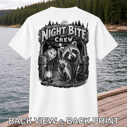 Night Bite Crew Raccoon and Bass Fishing Graphic T-Shirt | Back Print
