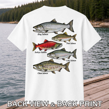 King Pink Sockeye Coho and Chum Salmon Fishing Graphic T-Shirt | Back Print