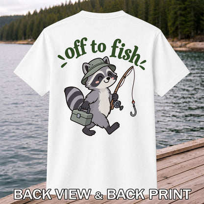Off to Fish Cute Raccoon with Fishing Rod Graphic T-Shirt | Back Print