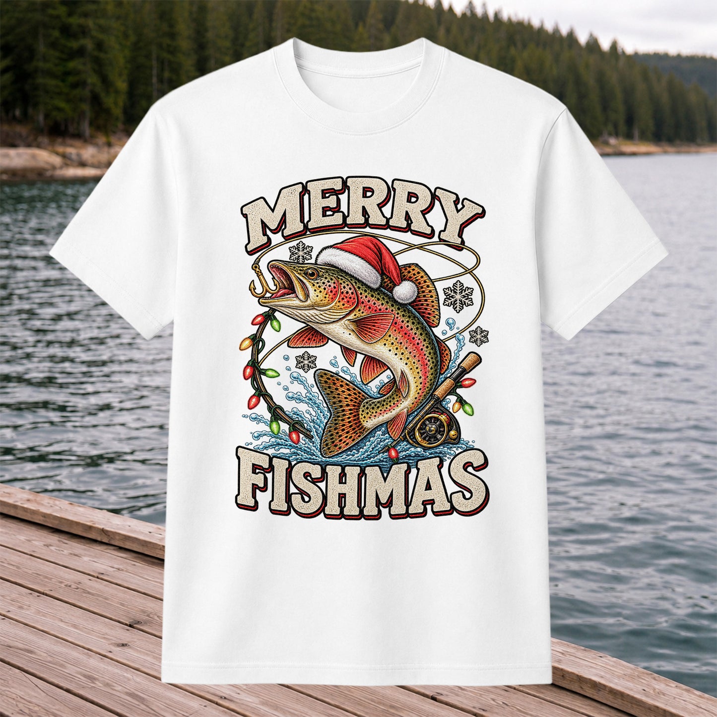 Merry Fishmas Santa Hat Rainbow Trout Fishing T-Shirt