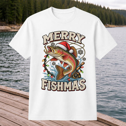 Merry Fishmas Santa Hat Rainbow Trout Fishing T-Shirt