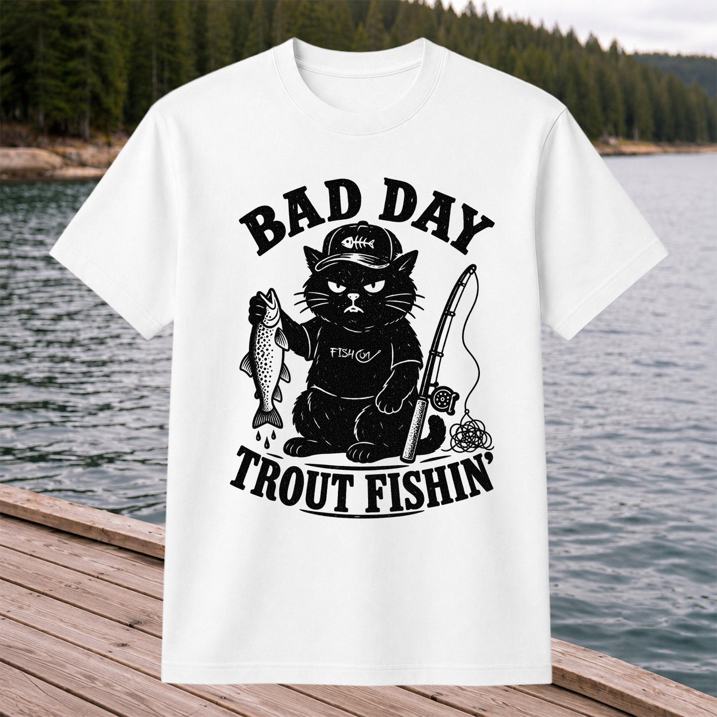 Bad Day Trout Fishin' Fish On Grumpy Black Cat Funny Fishing T-Shirt