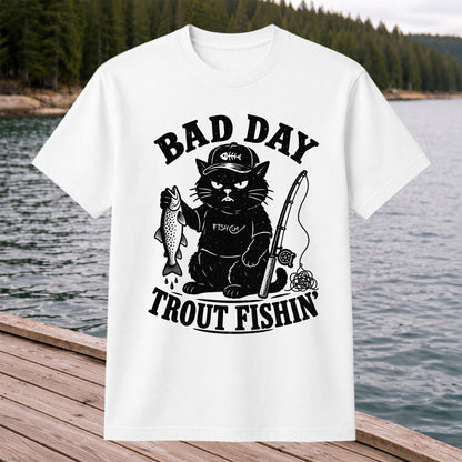 Bad Day Trout Fishin' Fish On Grumpy Black Cat Funny Fishing T-Shirt