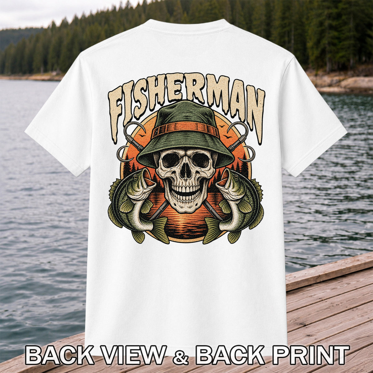 Fisherman Skull with Bucket Hat and Bass Fishing Graphic T-Shirt | Back Print