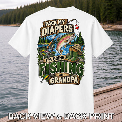 Pack My Diapers I'm Going Fishing With Grandpa Rainbow Trout T-Shirt | Back Print