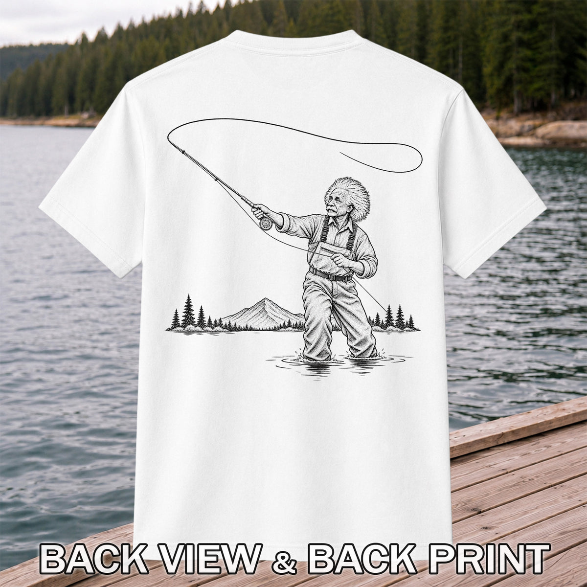 Vintage Fly Fisherman Mountain Lake Fishing Graphic T-Shirt | Back Print