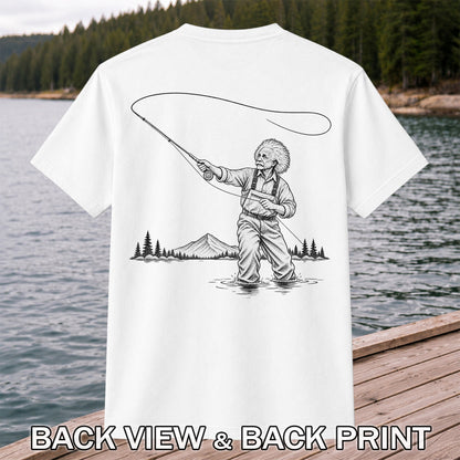 Vintage Fly Fisherman Mountain Lake Fishing Graphic T-Shirt | Back Print