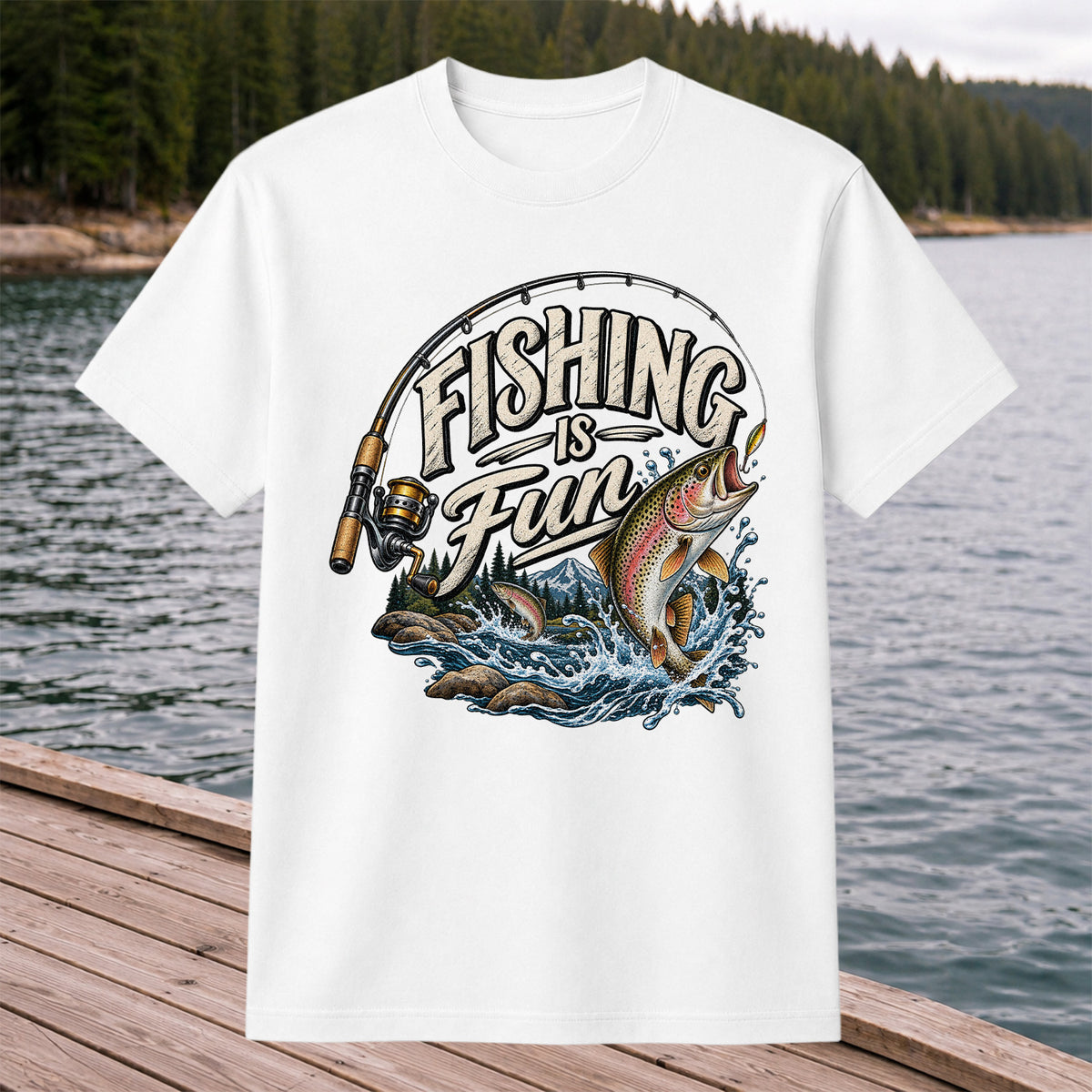 Fishing Is Fun Rainbow Trout and Mountain Graphic T-Shirt