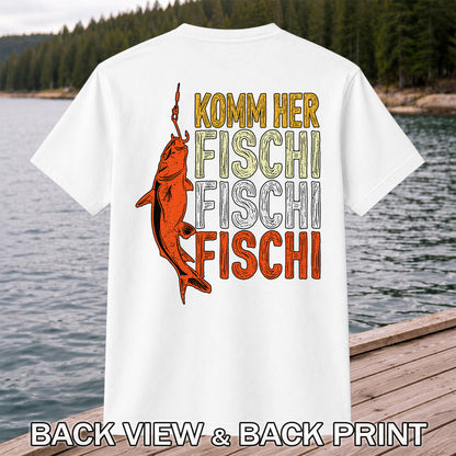 Komm Her Fischi Fischi Funny Catfish Fishing Graphic T-Shirt | Back Print