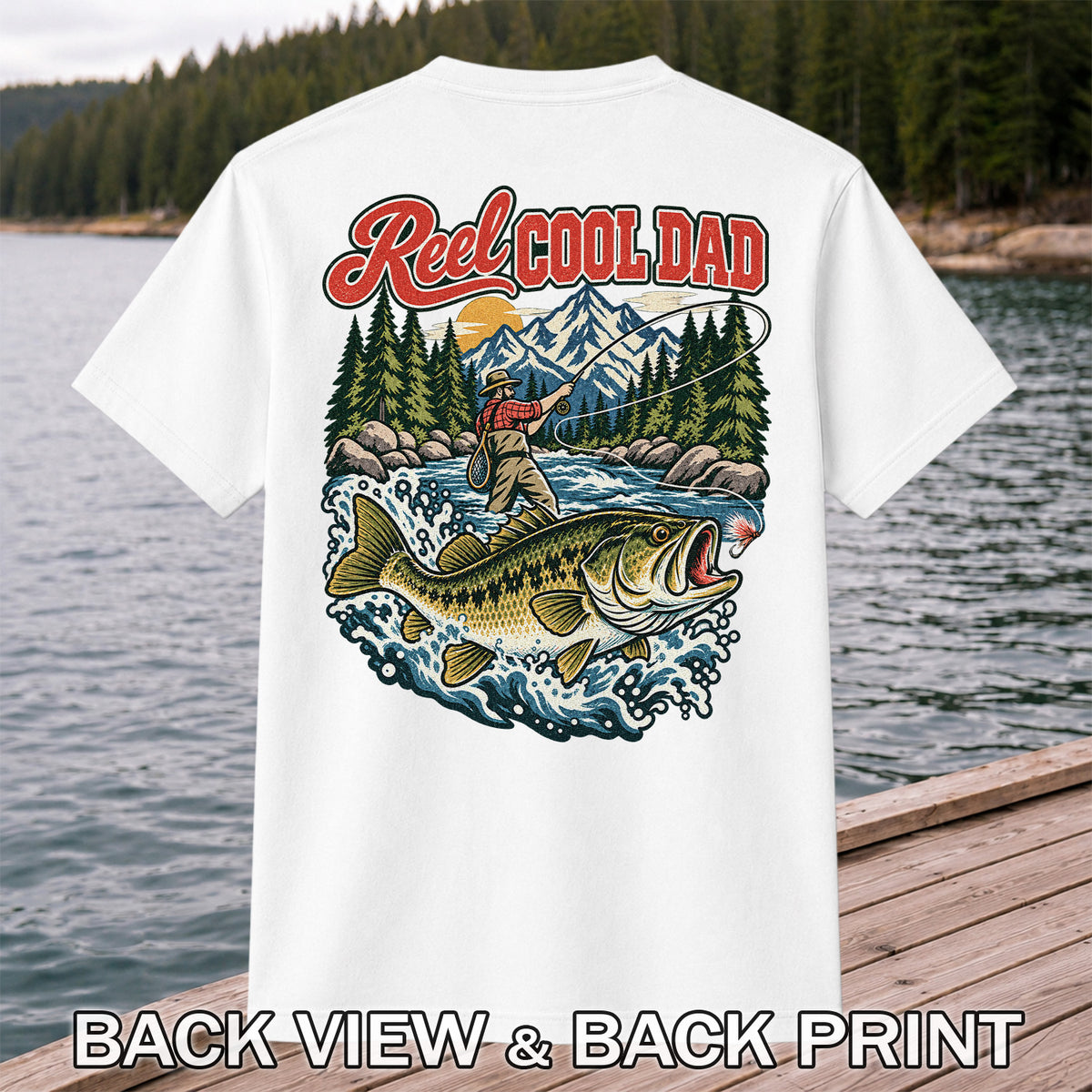Reel Cool Dad Largemouth Bass Fishing Graphic T-Shirt | Back Print