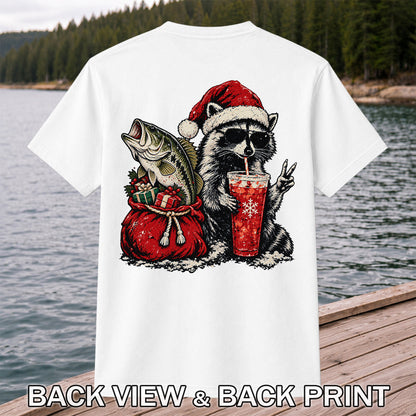 Santa Raccoon Sharing a Bass Christmas Fishing Graphic T-Shirt | Back Print