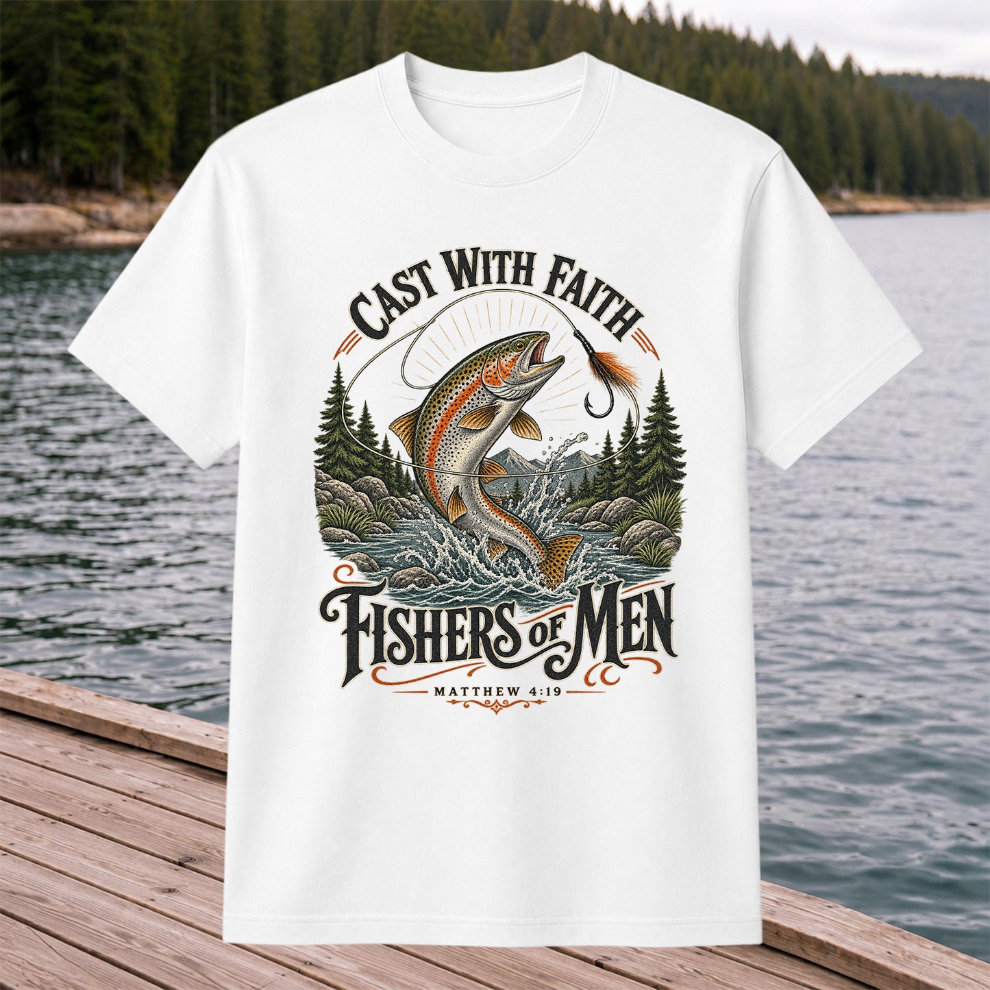 Cast with Faith Fishers of Men Matthew 4:19 Trout Fishing T-Shirt