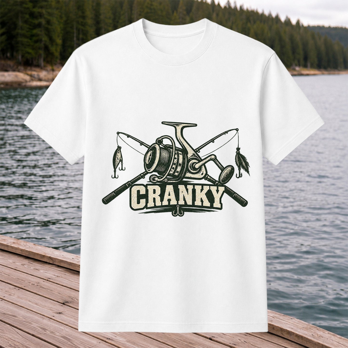 Cranky Fishing Reel and Crossed Rods Graphic T-Shirt