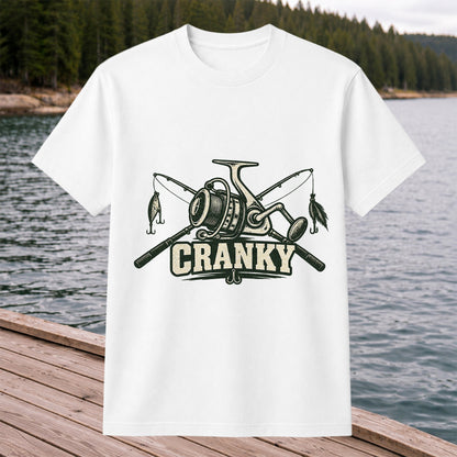 Cranky Fishing Reel and Crossed Rods Graphic T-Shirt