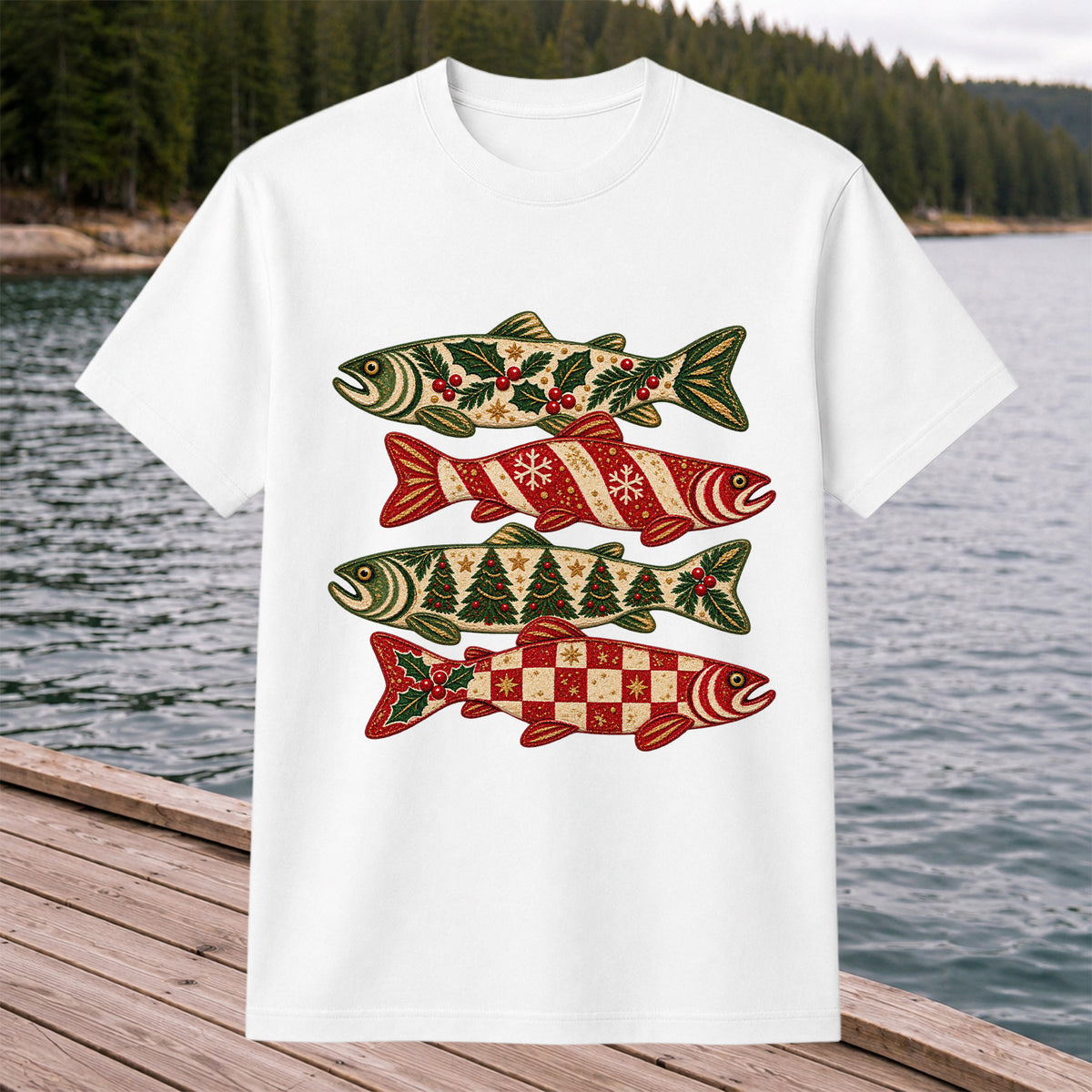 Christmas Trout Holiday Pattern Fishing Graphic T-Shirt