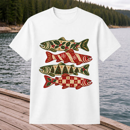 Christmas Trout Holiday Pattern Fishing Graphic T-Shirt