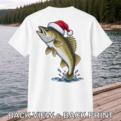 Santa Hat Walleye Christmas Fishing Graphic T-Shirt | Back Print