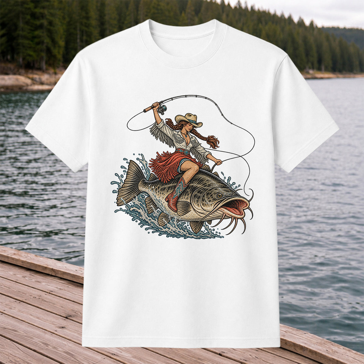 Cowgirl Riding a Largemouth Bass Fishing Graphic T-Shirt
