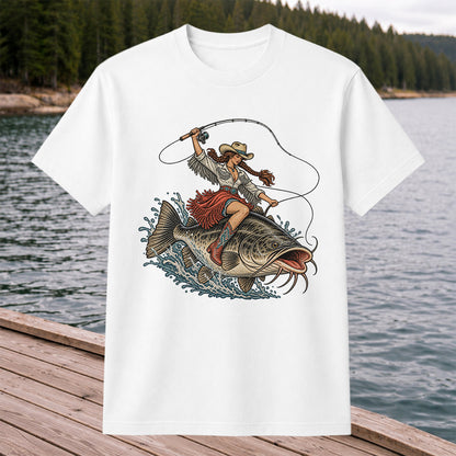 Cowgirl Riding a Largemouth Bass Fishing Graphic T-Shirt
