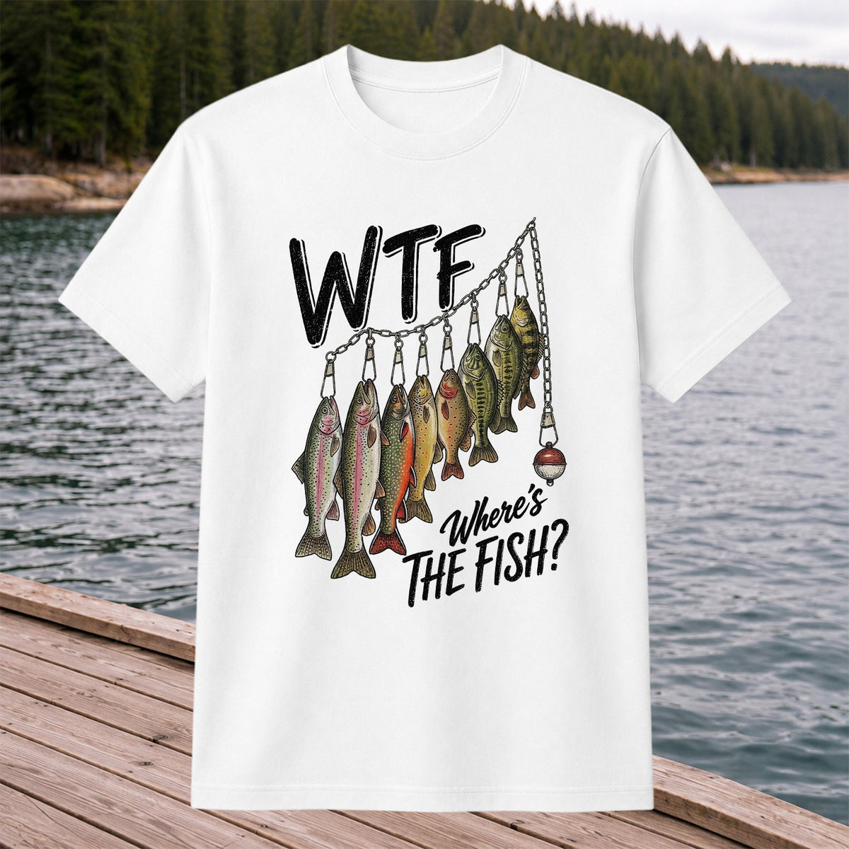 WTF Where's the Fish Trout and Bass Stringer Funny Fishing T-Shirt