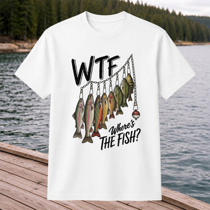 WTF Where's the Fish Trout and Bass Stringer Funny Fishing T-Shirt