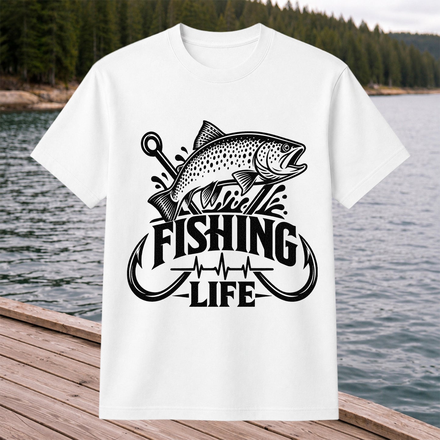 Fishing Life Trout and Hooks Heartbeat Graphic T-Shirt