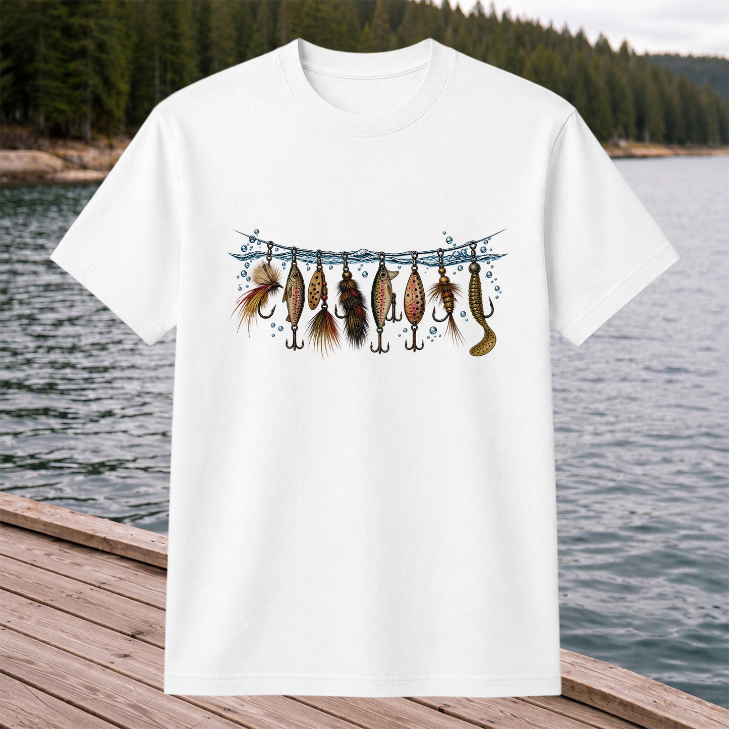 Vintage Fishing Lures Hanging from a Waterline Graphic T-Shirt