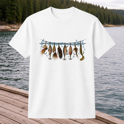 Vintage Fishing Lures Hanging from a Waterline Graphic T-Shirt