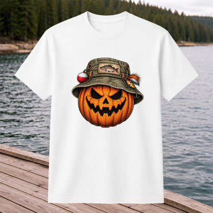 Halloween Pumpkin in a Trout Fishing Hat Graphic T-Shirt