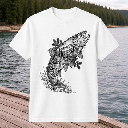 Leaping Trout with Mountain River and Angler Fishing Graphic T-Shirt