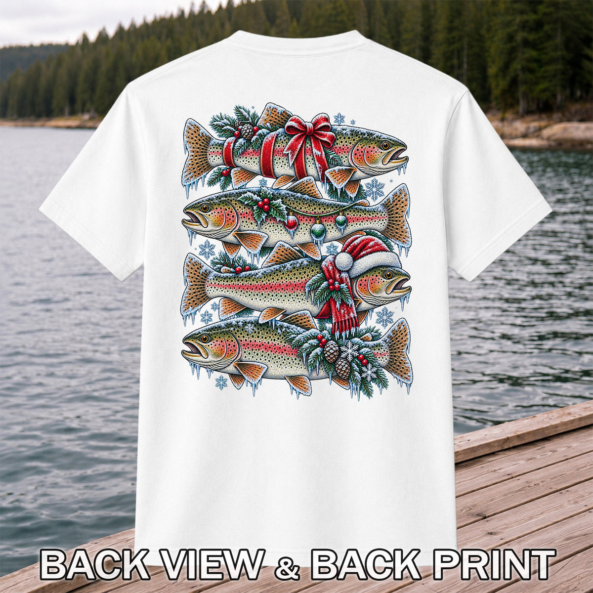 Festive Rainbow Trout Christmas Fishing Graphic T-Shirt | Back Print