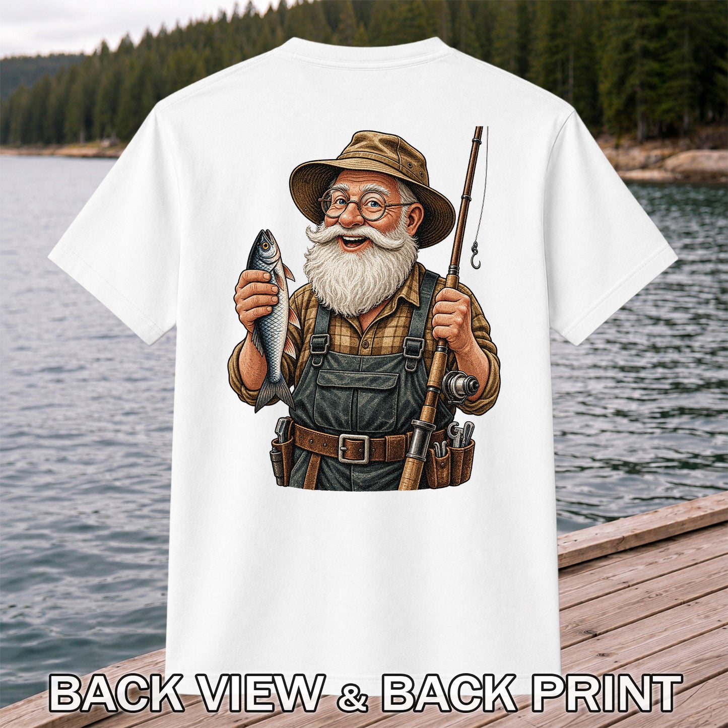 Bearded Angler Holding a Fish and Fishing Rod Graphic T-Shirt | Back Print