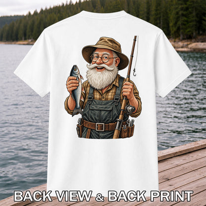 Bearded Angler Holding a Fish and Fishing Rod Graphic T-Shirt | Back Print