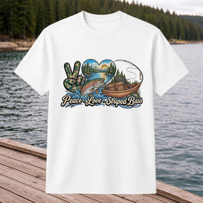 Peace Love Striped Bass Lake and Boat Fishing Graphic T-Shirt
