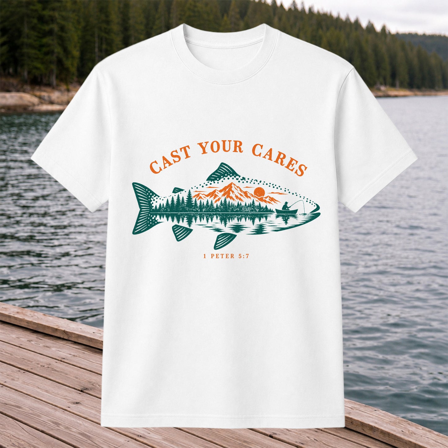 Cast Your Cares 1 Peter 5:7 Fish Silhouette Mountain Lake Fishing T-Shirt